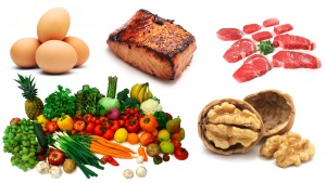 The paleo diet consists mostly of fresh fruit and vegetables, nuts, eggs, lean meats like beef and chicken and fish.